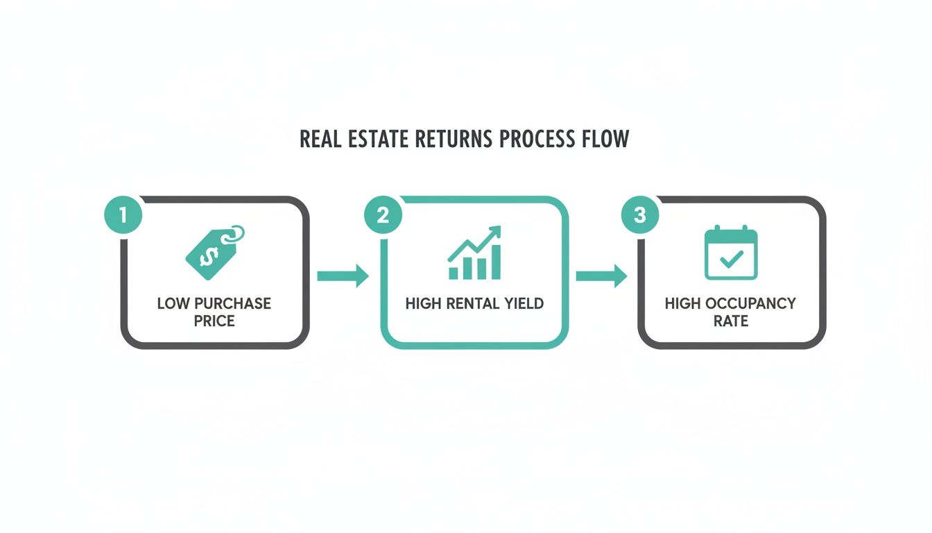 Diagrama de flujo del proceso de devolución de bienes raíces que muestra un precio de compra bajo, lo que genera un alto rendimiento del alquiler y una alta tasa de ocupación.