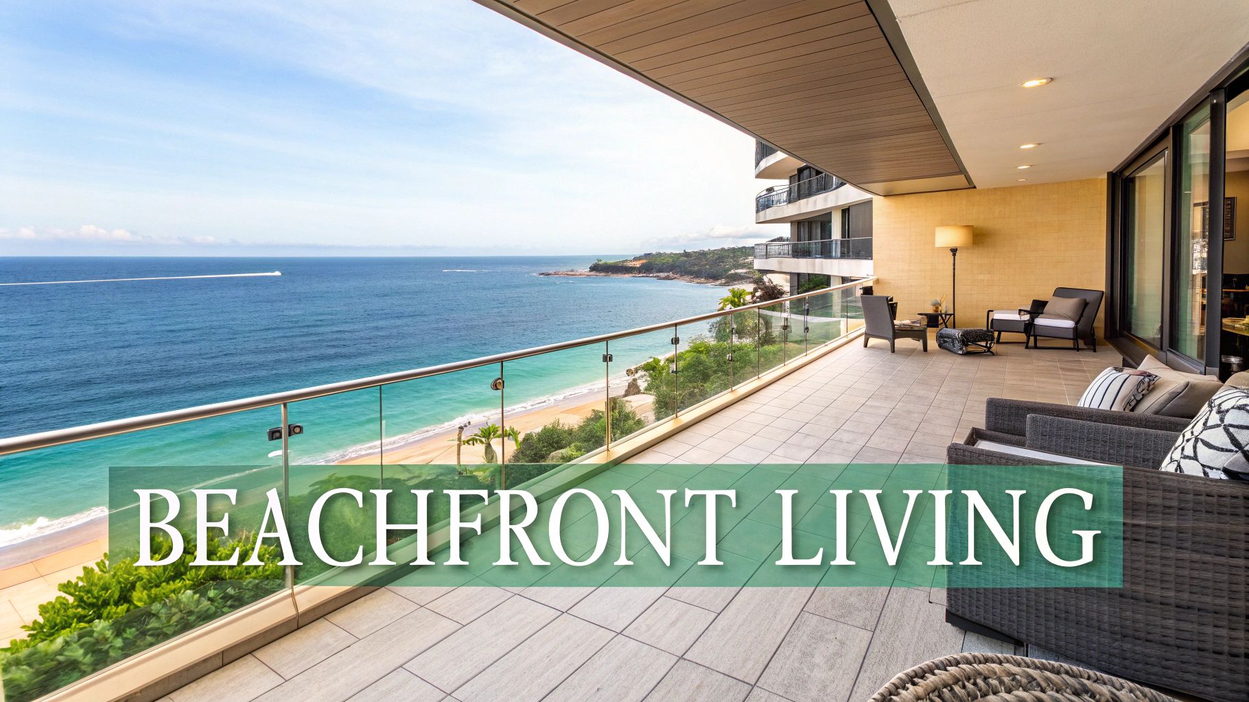 בניין דירות מודרני על חוף הים ברפובליקה הדומיניקנית עם עצי דקל ושמיים כחולים וצלולים.