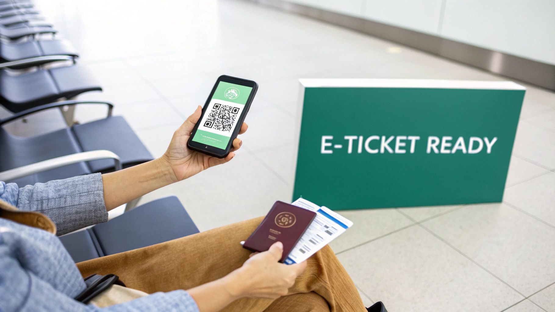 Un voyageur présente un code QR sur son smartphone à un agent d'immigration dans un aéroport tropical.