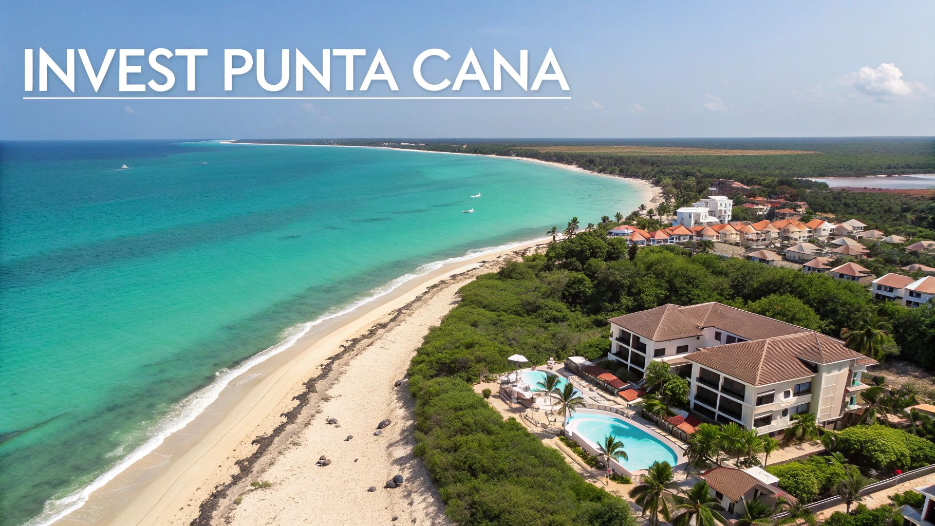 Vista aérea de una pintoresca playa de Punta Cana con aguas turquesas, complejos turísticos y casas residenciales, que promueven la inversión.