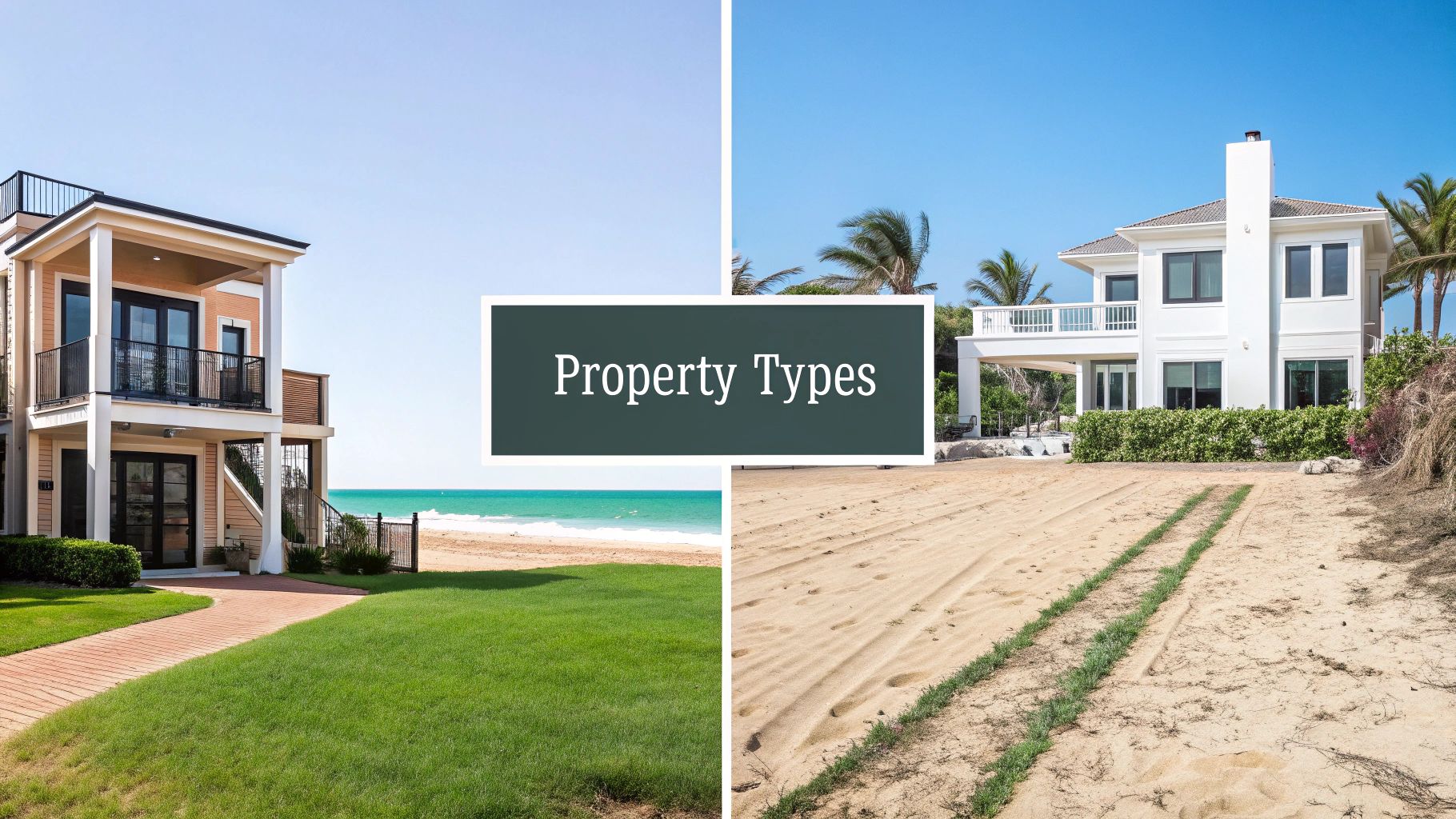 Deux luxueuses maisons en bord de mer et une bannière « Types de propriétés » présentant des biens immobiliers côtiers.