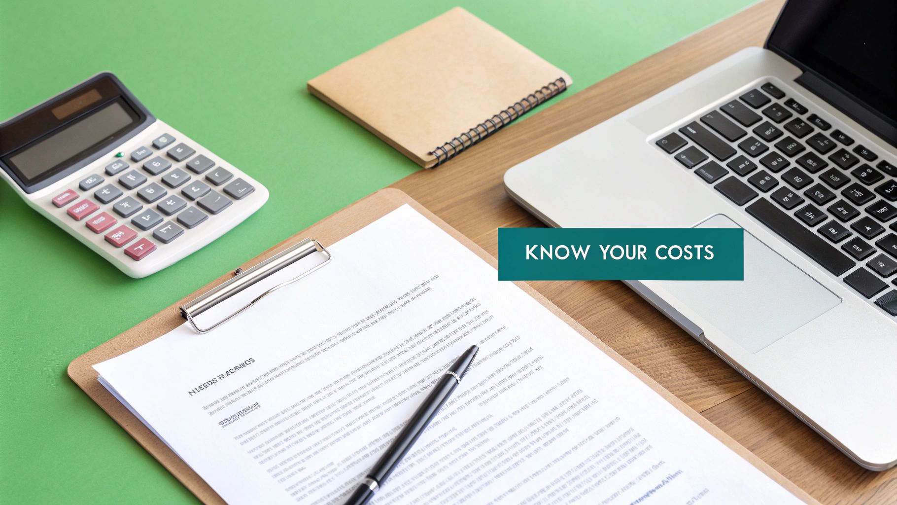 Un espace de travail financier avec une calculatrice, un ordinateur portable, un bloc-notes, un stylo et un carnet sur un bureau vert et en bois, avec l'inscription « CONNAISSEZ VOS COÛTS ».