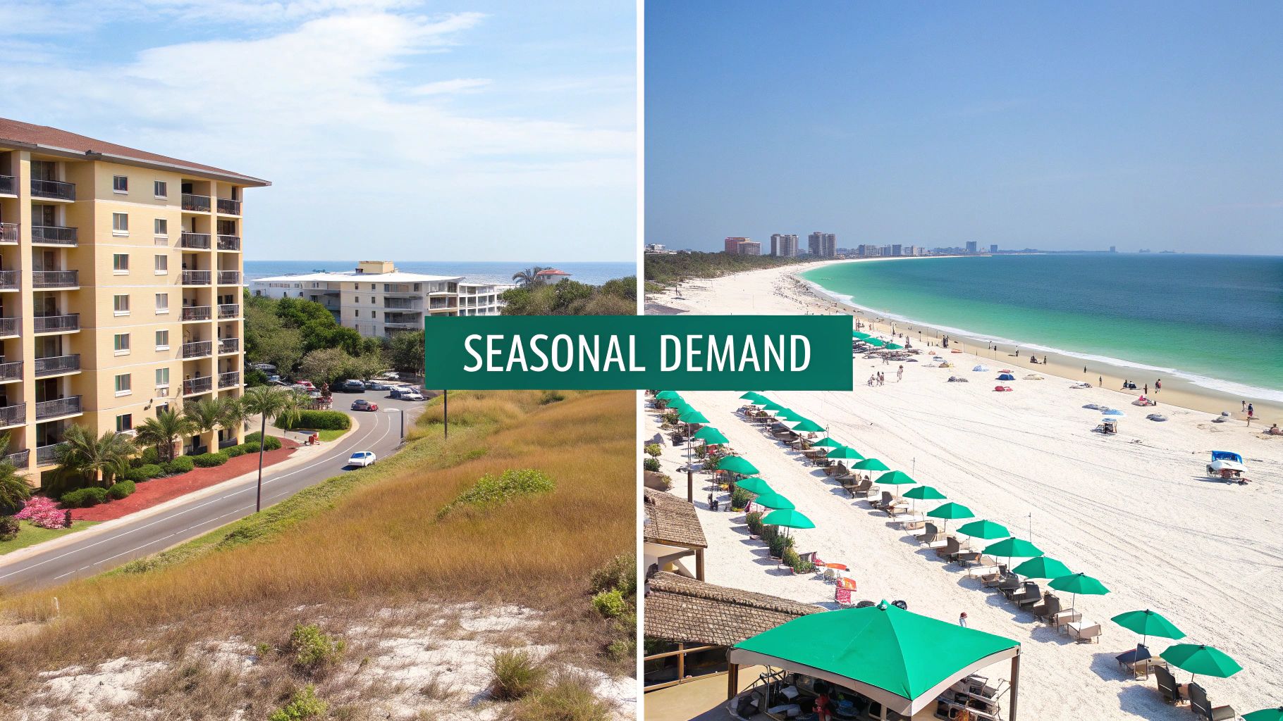 Scène côtière montrant des immeubles résidentiels, une route et une plage animée avec des parasols verts et des passants, soulignant la demande saisonnière.