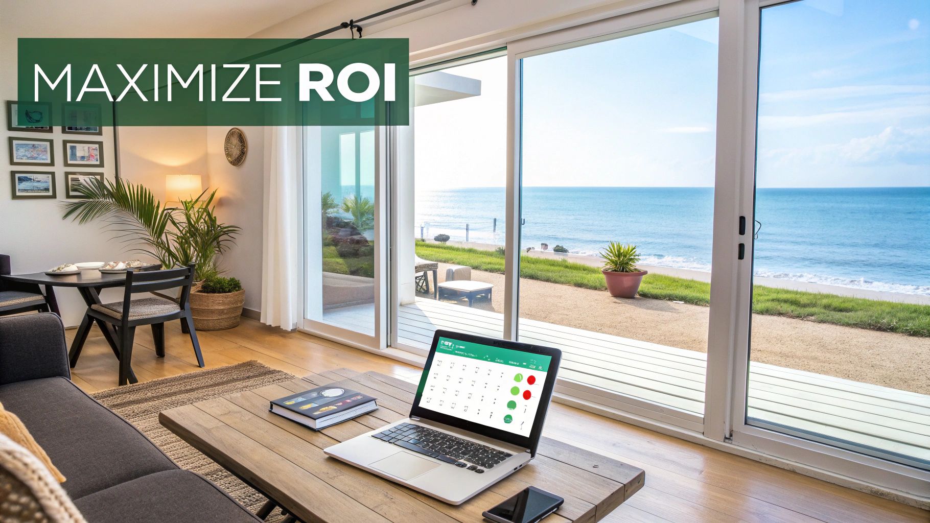 Una sala de estar moderna con una computadora portátil sobre una mesa de café, con vista a una hermosa playa y al océano, y con el texto "MAXIMIZAR EL ROI".