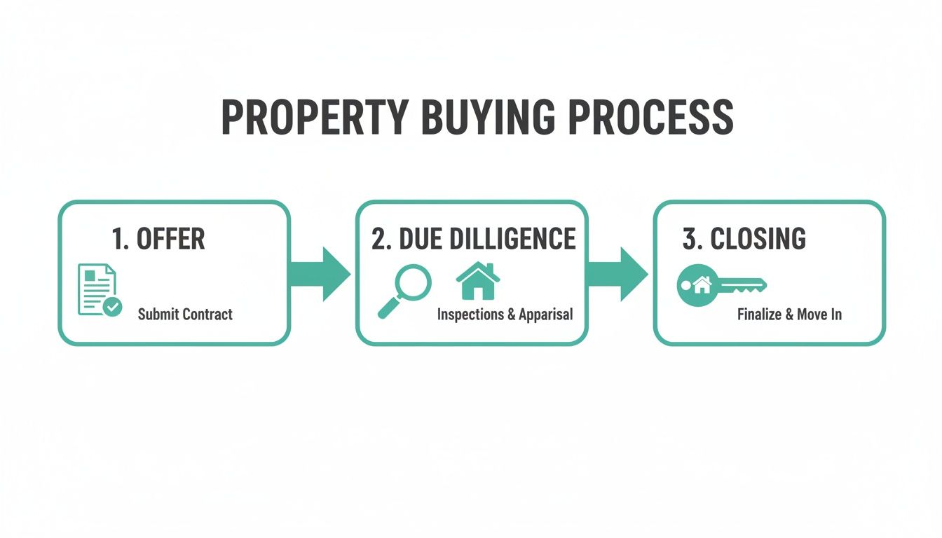 Infografía que ilustra el proceso de compra de una propiedad en tres pasos: oferta, diligencia debida y cierre.