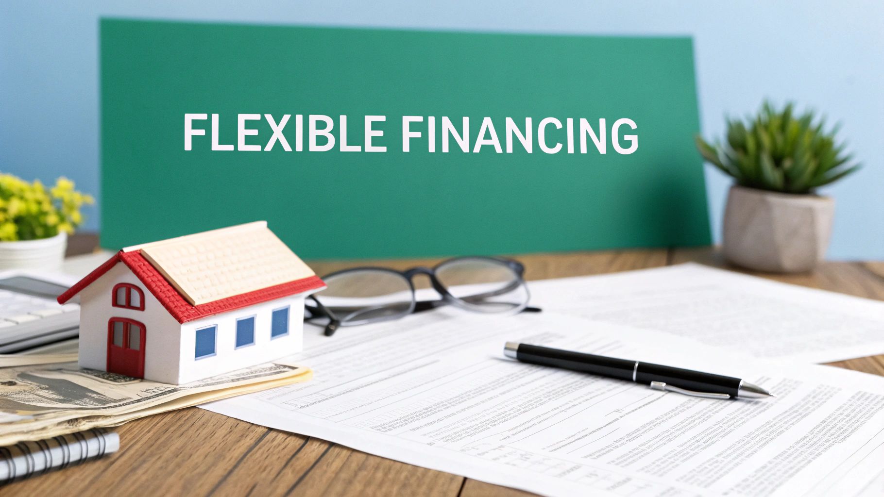 A smiling couple reviewing financial documents with a real estate agent in a bright, tropical office setting.