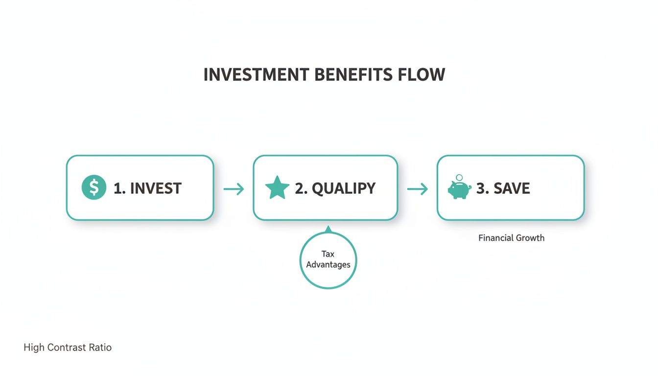Diagrama de flujo que detalla los beneficios de la inversión: Invertir, Calificar para ventajas fiscales y Ahorrar para el crecimiento financiero.