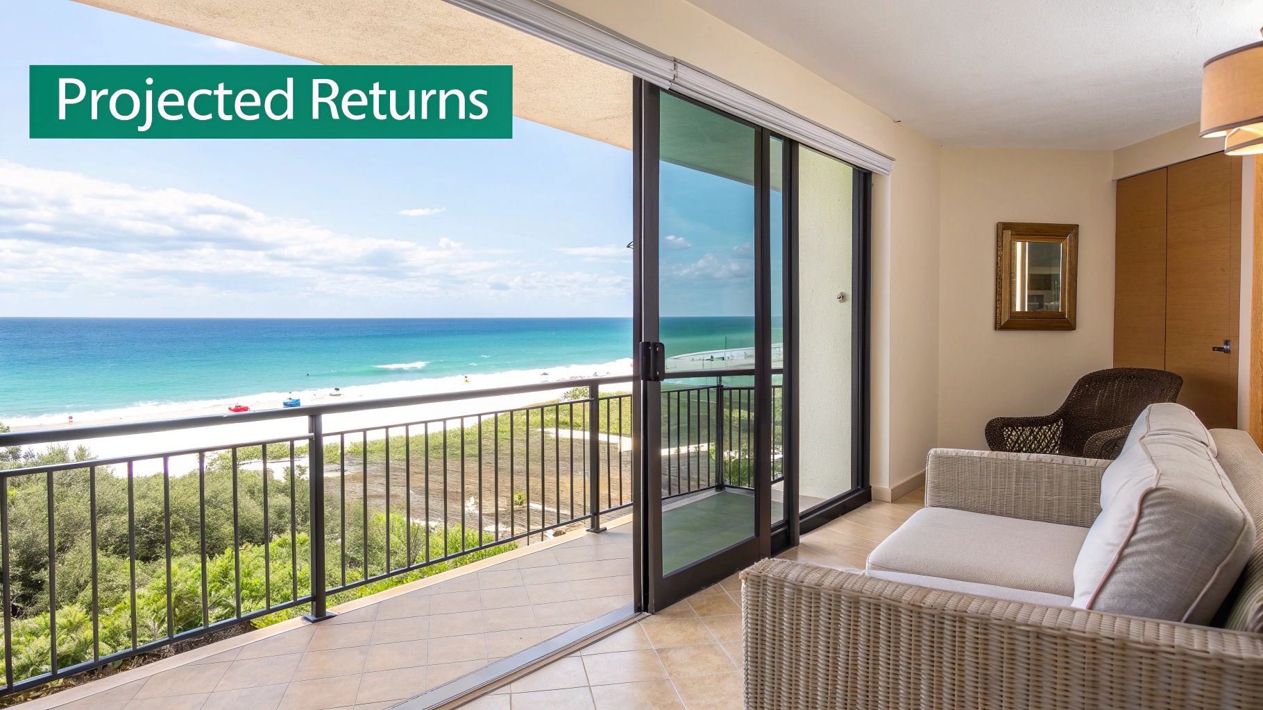 Una vista desde el balcón de una vibrante playa y el océano desde una moderna sala de estar de un condominio con muebles de mimbre.