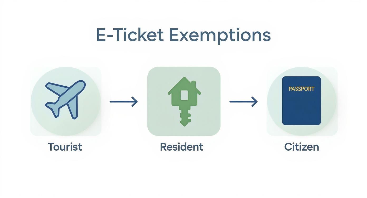 Infographie illustrant le processus d'entrée en République dominicaine pour les touristes, les résidents et les citoyens.