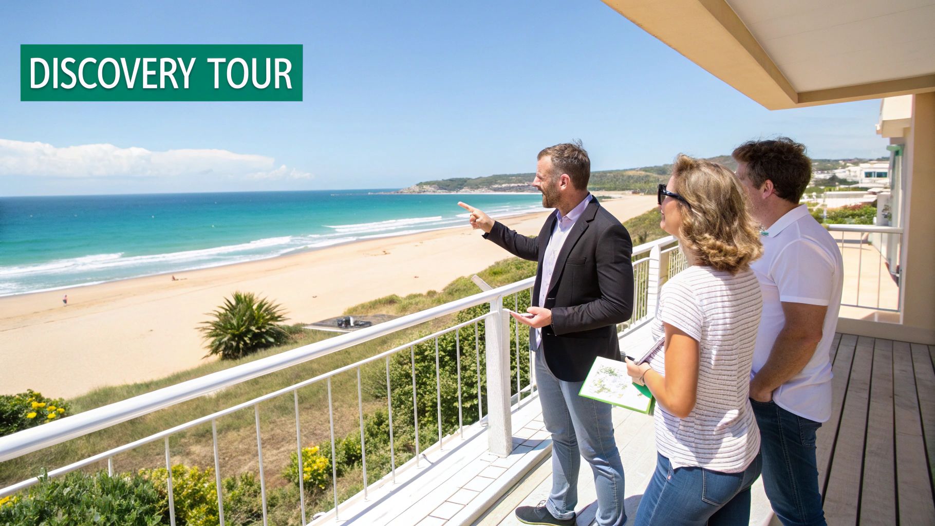 Lors d'une visite de découverte, un agent immobilier fait visiter à un couple une propriété offrant une vue imprenable sur la plage et l'océan depuis un balcon.