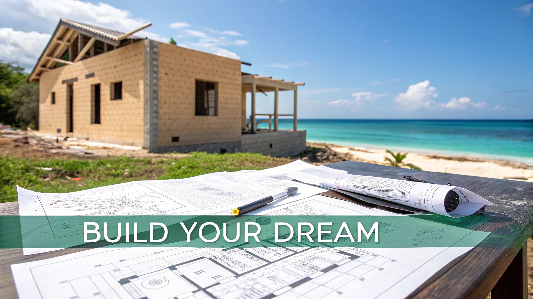 Des plans et un stylo près d'une maison en construction donnant sur une magnifique plage tropicale, avec l'inscription « CONSTRUISEZ VOTRE RÊVE ».