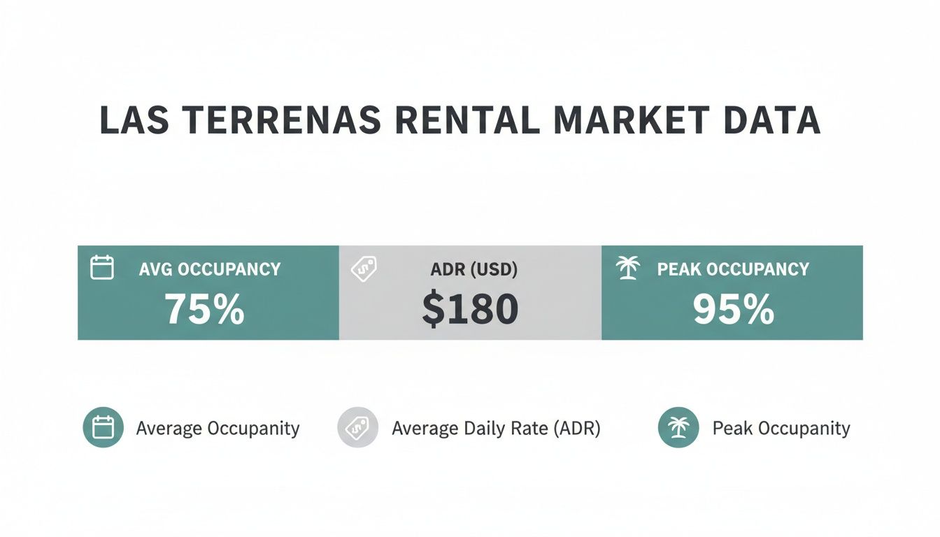 Les données du marché locatif de Las Terrenas indiquent un taux d'occupation moyen de 75 %, un ADR de 180 $ et un taux d'occupation maximal de 95 %.