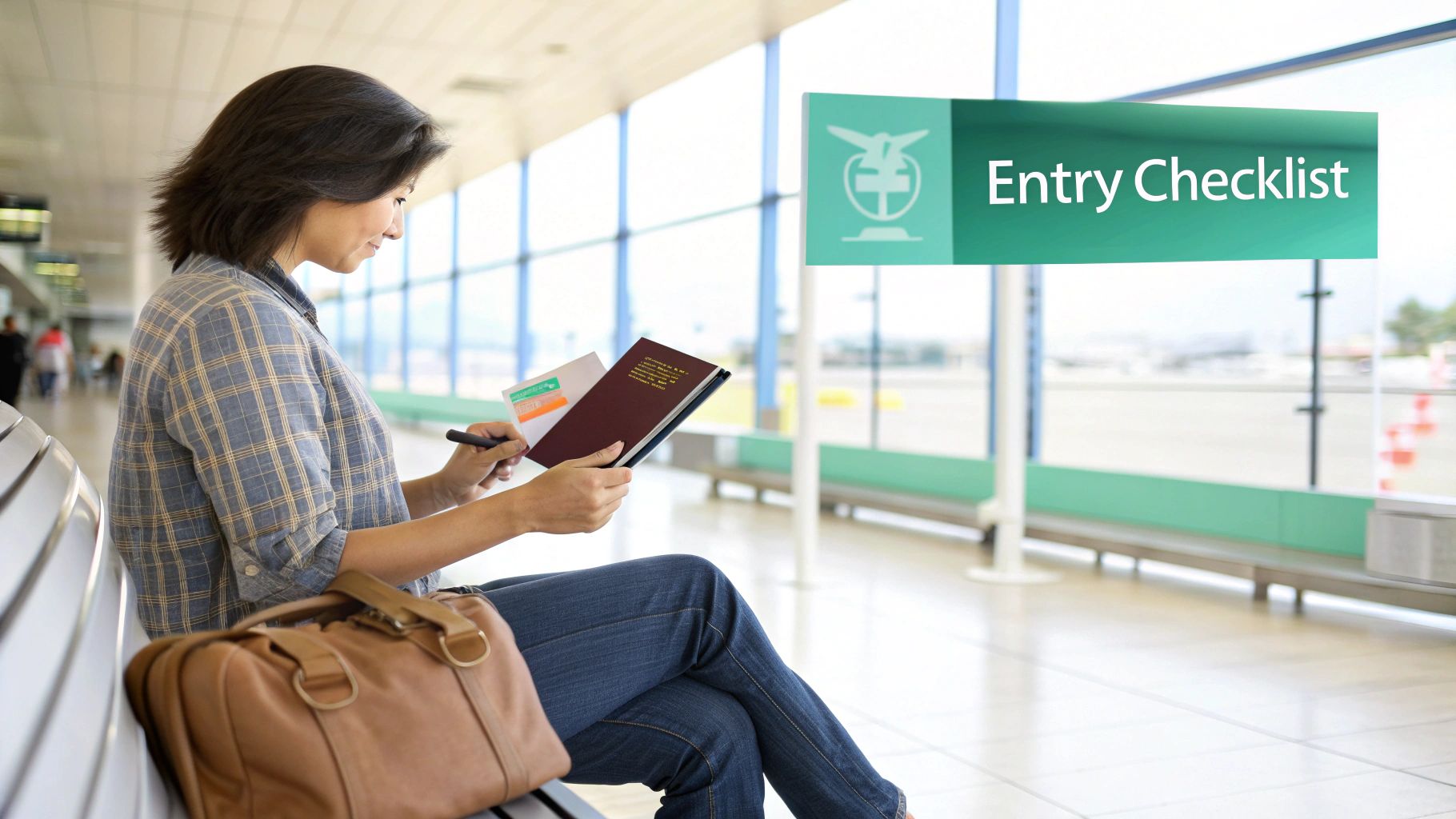 Un voyageur présente son passeport au comptoir d'enregistrement d'un aéroport, prêt pour un voyage en République dominicaine.