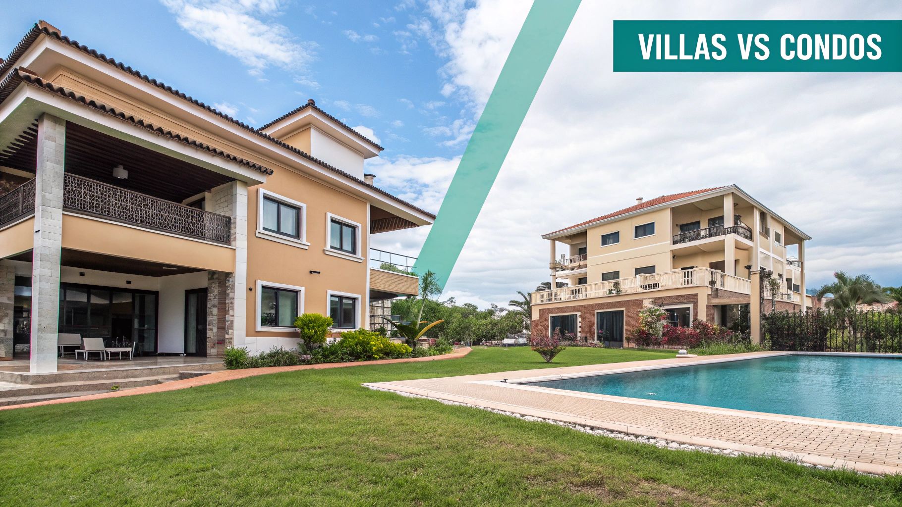 Deux luxueuses maisons à plusieurs étages, une piscine et une pelouse verdoyante sous un ciel partiellement nuageux, le tout sur fond de discussion entre villas et appartements.