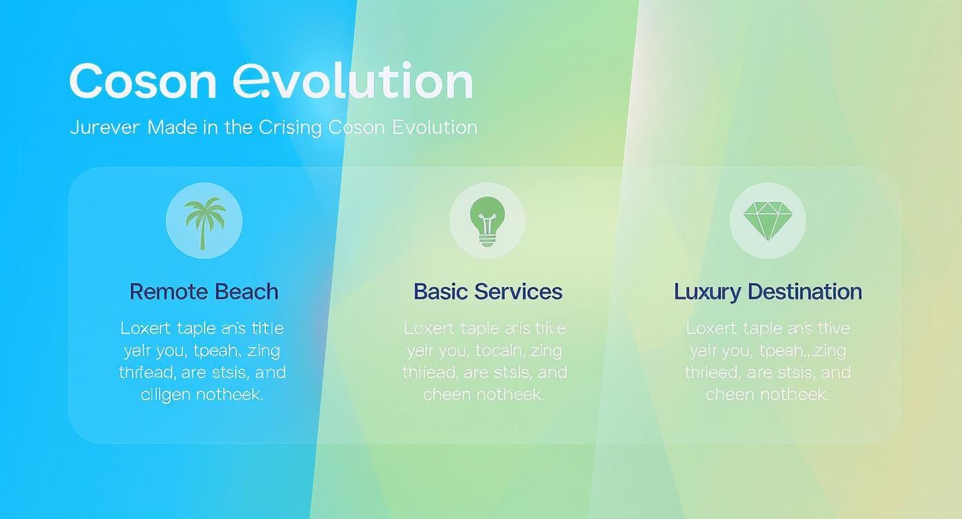 Diapositive de présentation illustrant l'évolution de Coson, avec trois sections : Plage isolée, Services de base et Destination de luxe.