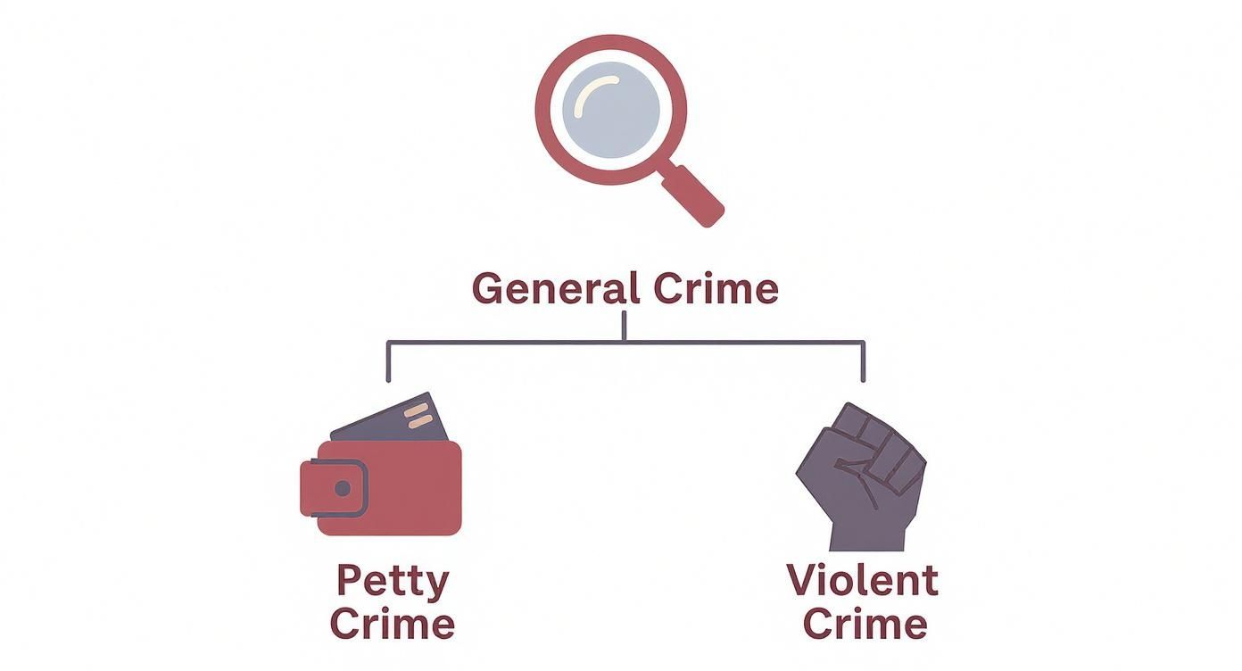 Una infografía que muestra una lupa etiquetada como 'Delito general' que se ramifica en 'Delitos menores' (billetera) y 'Delitos violentos' (puño).