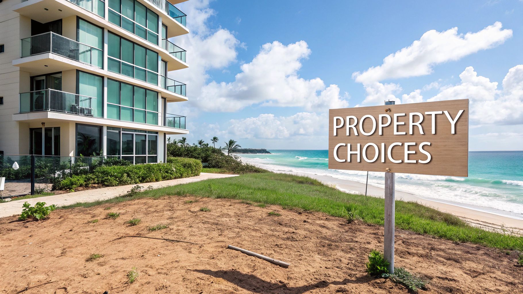 Un moderno edificio de apartamentos frente al mar y un cartel de 'OPCIONES DE PROPIEDAD' junto a un hermoso océano.