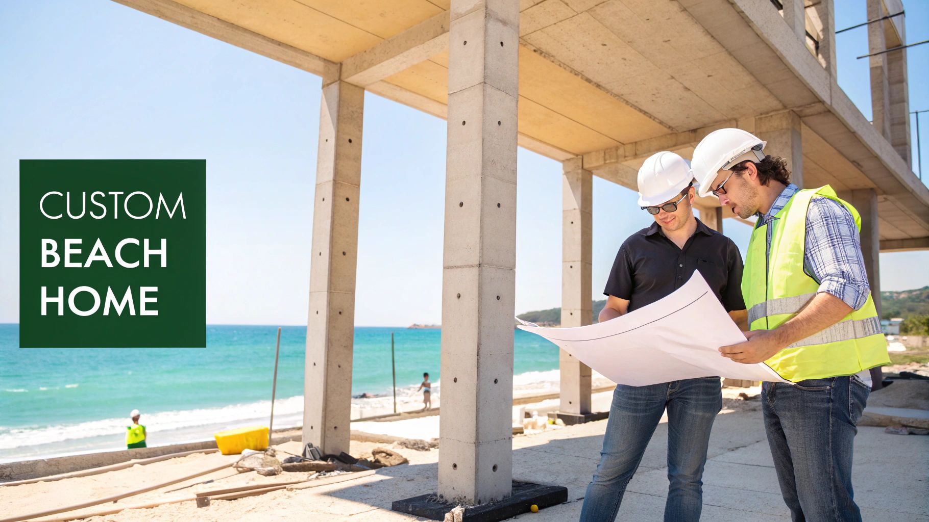 Dois arquitetos revisam as plantas de uma casa de praia personalizada em um canteiro de obras à beira-mar.
