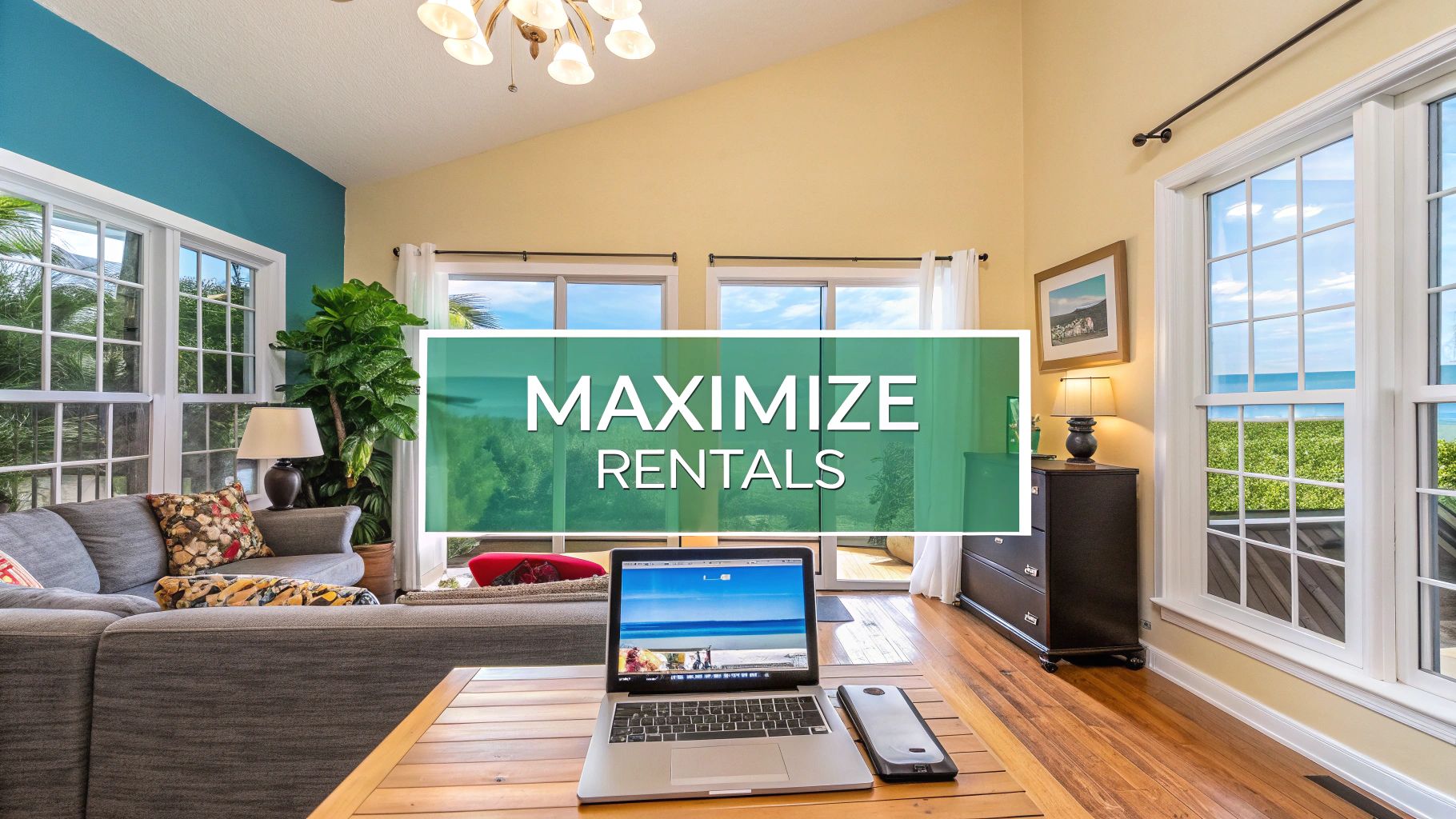 Amplia sala de estar con vista al mar, una computadora portátil sobre una mesa de madera y una superposición de 'MAXIMIZE RENTALS'.