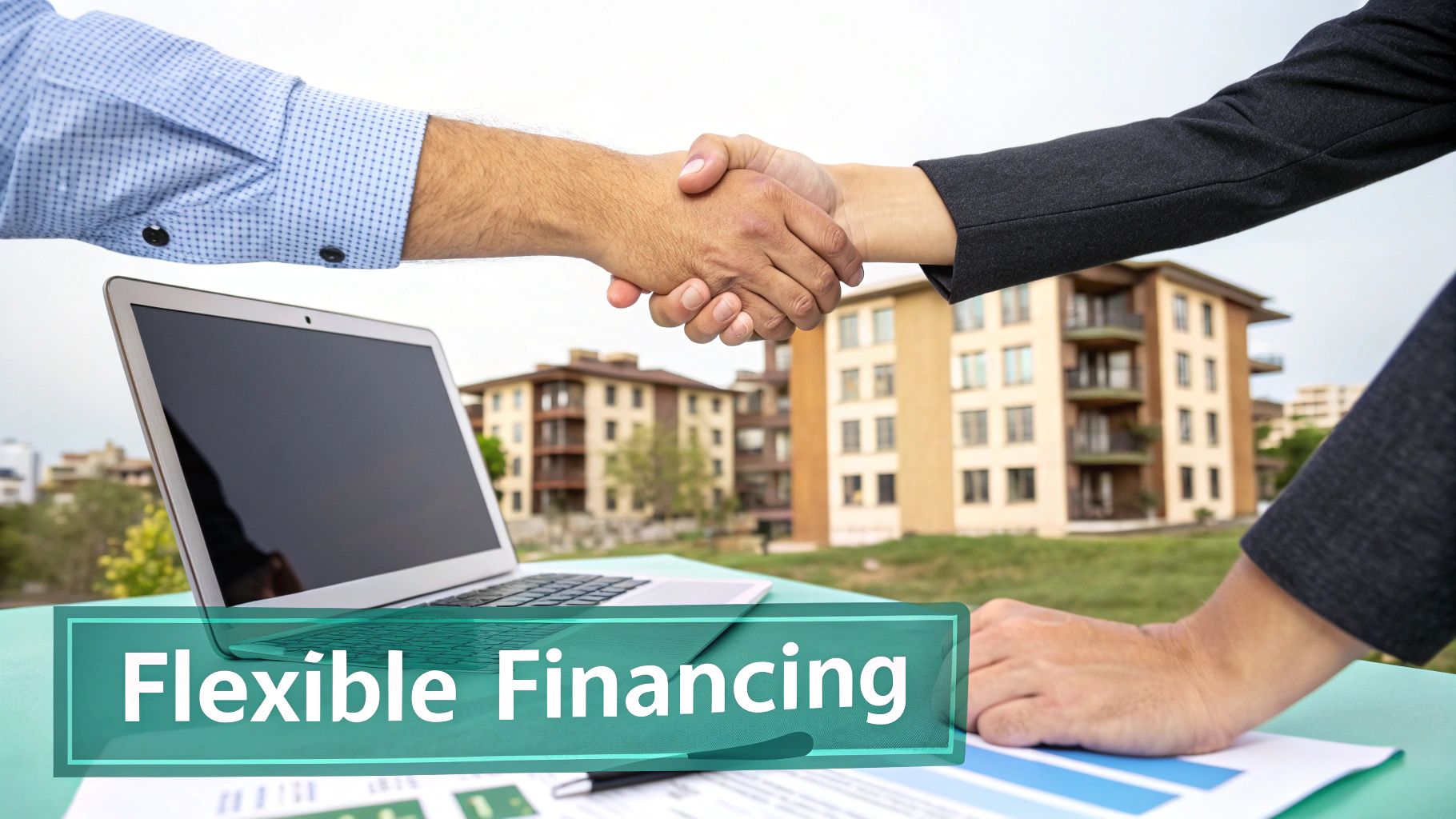 Una pareja feliz revisando documentos de una propiedad con un agente inmobiliario en una oficina moderna.