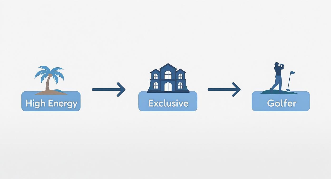 Infografía que ilustra la progresión de un estilo de vida desde uno lleno de energía (palmera) a uno exclusivo (mansión) y hasta un golfista.