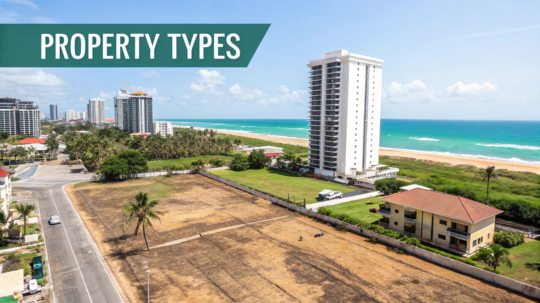 Vue aérienne des différents types de propriétés en bord de mer, y compris les terrains vacants, les immeubles résidentiels et les immeubles d'appartements de grande hauteur.