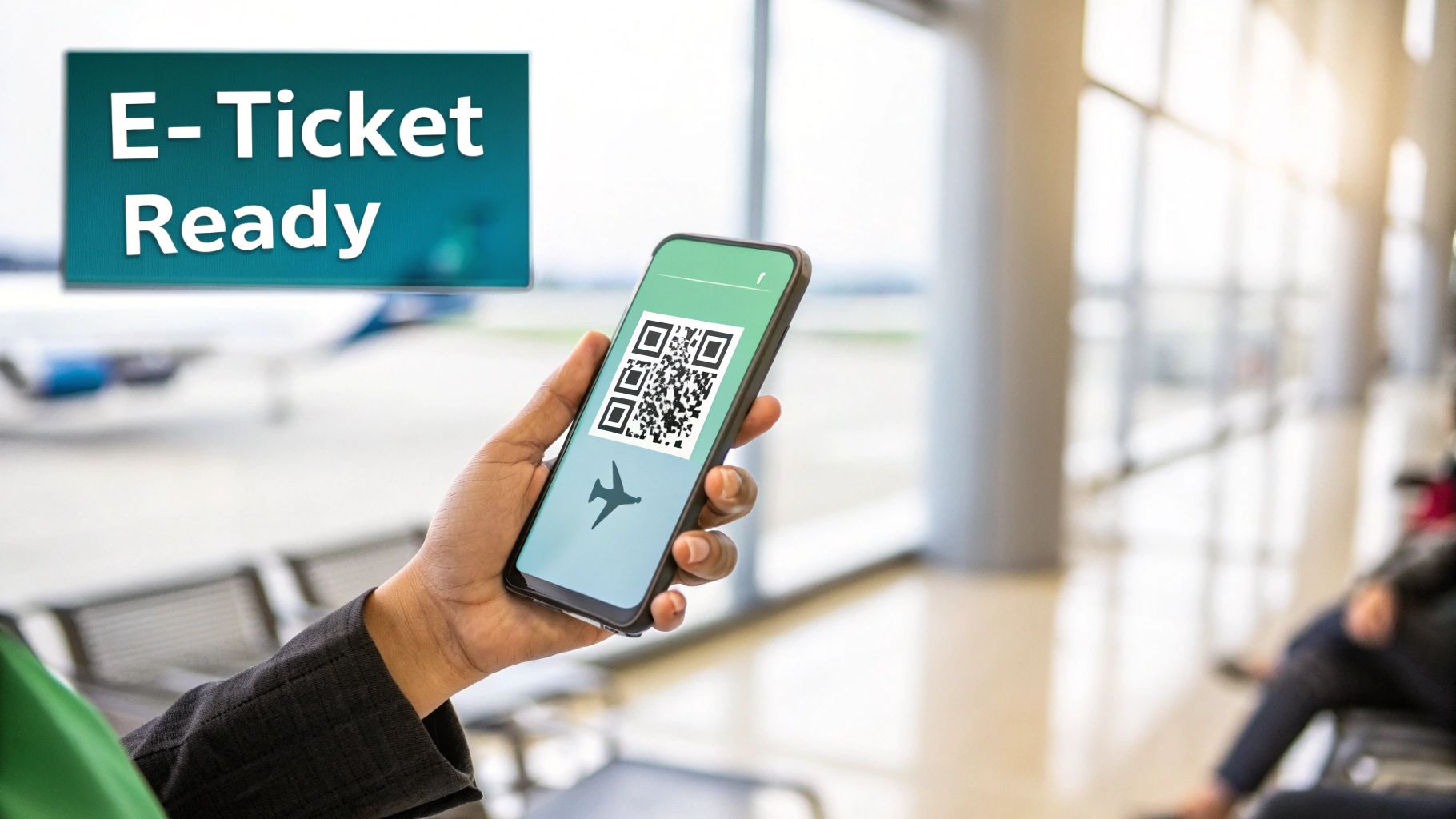 Un viajero sostiene un teléfono inteligente que muestra un billete electrónico con un código QR, listo para salir del aeropuerto.