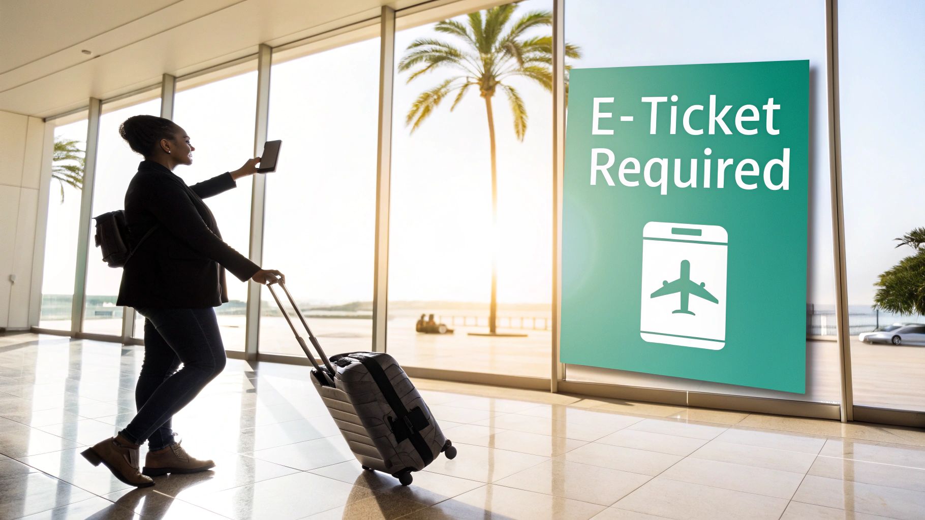 Une voyageuse, munie de son billet électronique sur son téléphone et de ses bagages, se trouve dans un terminal d'aéroport ensoleillé.