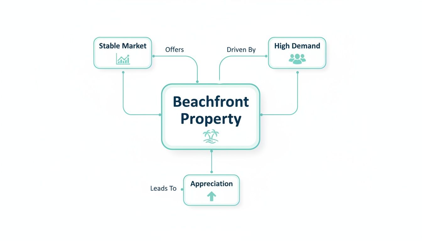 Diagrama de flujo que ilustra que las propiedades frente a la playa ofrecen un mercado estable, están impulsadas por una alta demanda y conducen a la apreciación.
