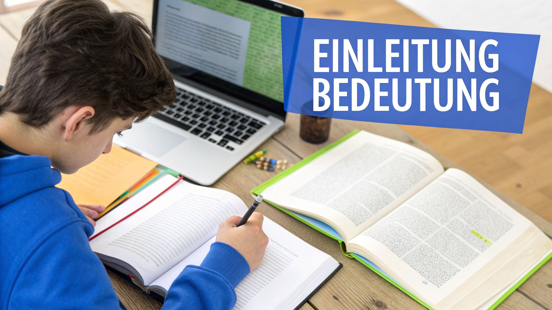 Eine Studentin sitzt an einem Holztisch, umgeben von Büchern und einem Laptop, und schreibt konzentriert in ihr Notizbuch, was den sorgfältigen Planungsprozess einer Bachelorarbeit symbolisiert.