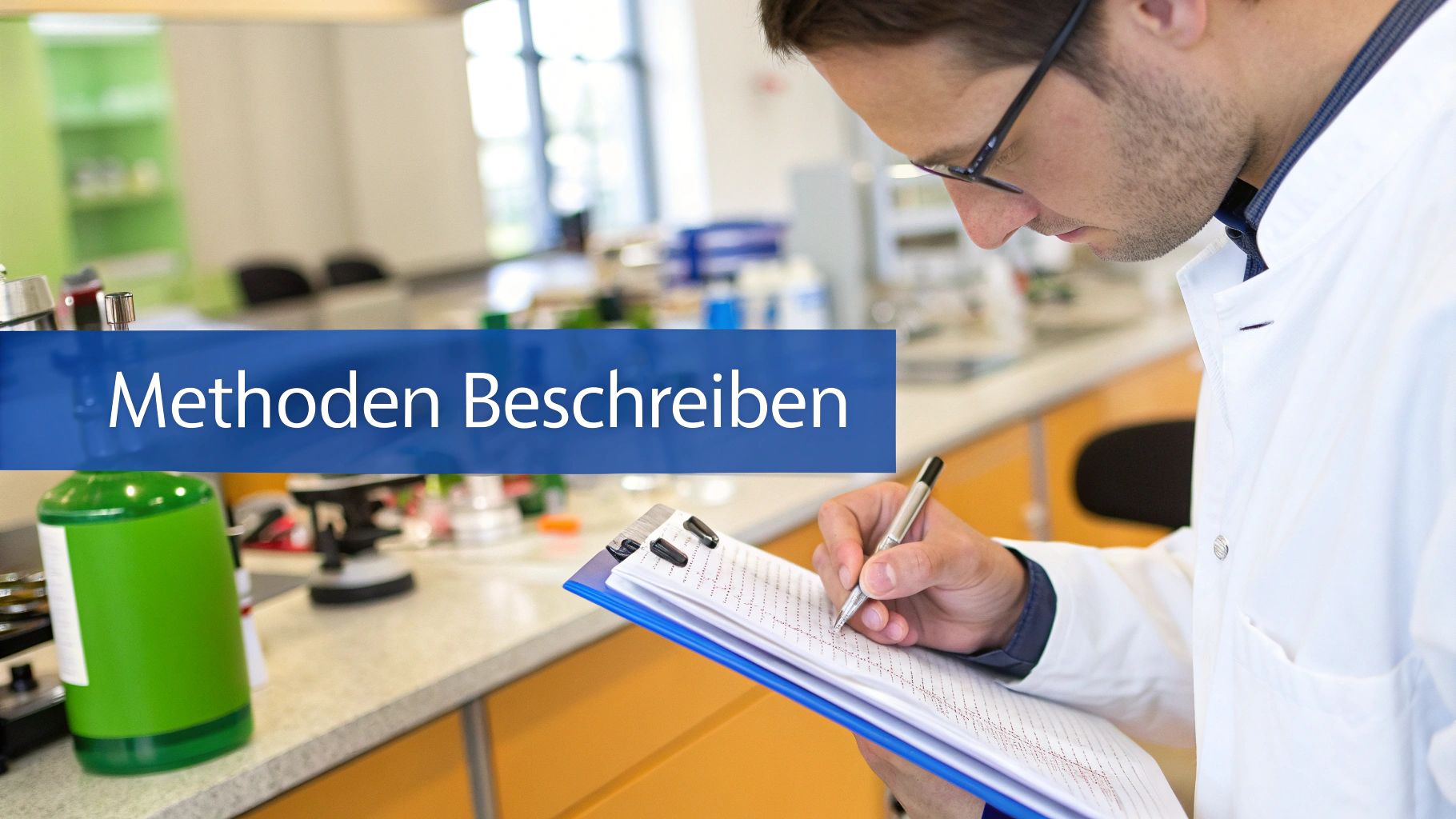 Eine Person, die Notizen in einem Notizbuch macht und dabei einen Laptop verwendet, was den Prozess der Forschungsplanung und Methodik darstellt.