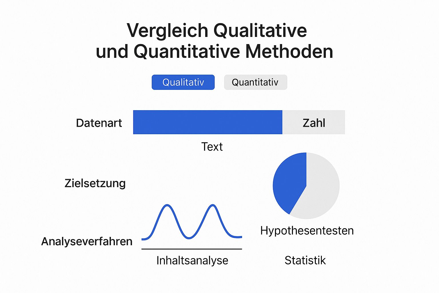Infografik, die qualitative und quantitative Forschungsmethoden vergleicht, basierend auf Datenart, Zielsetzung und Analyse.