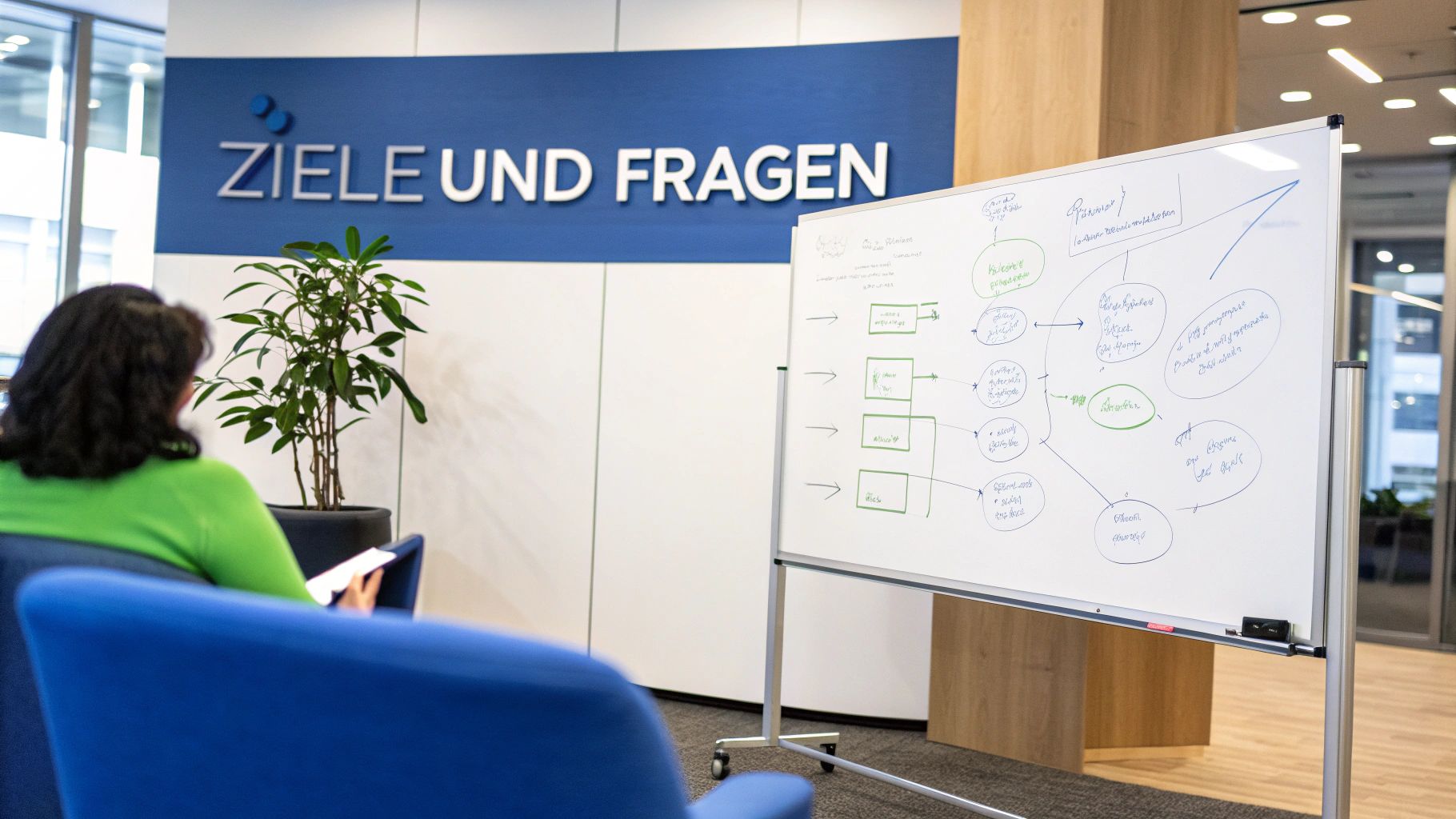 Eine Studentin plant an einer Pinnwand mit bunten Notizzetteln, was die strategische Planung des Umfangs einer Bachelorarbeit visualisiert.
