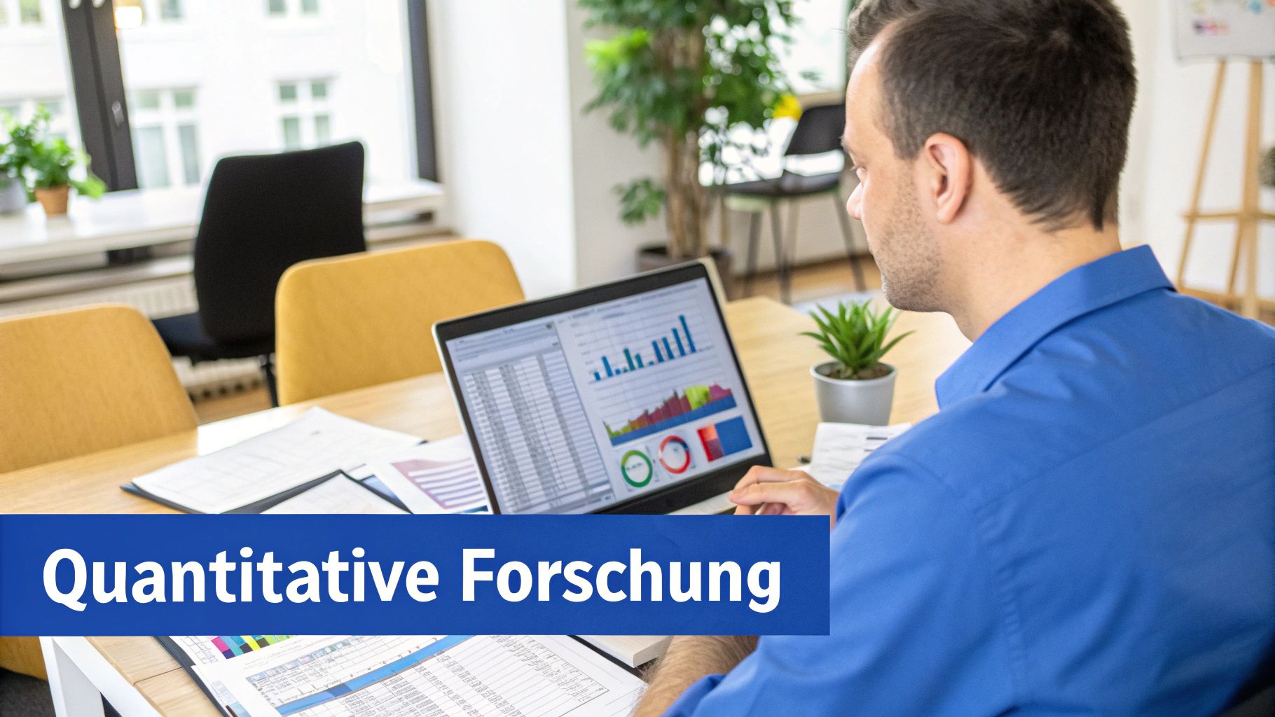 Eine Person schreibt eine Forschungsfrage auf ein Whiteboard, umgeben von Notizen und Diagrammen.