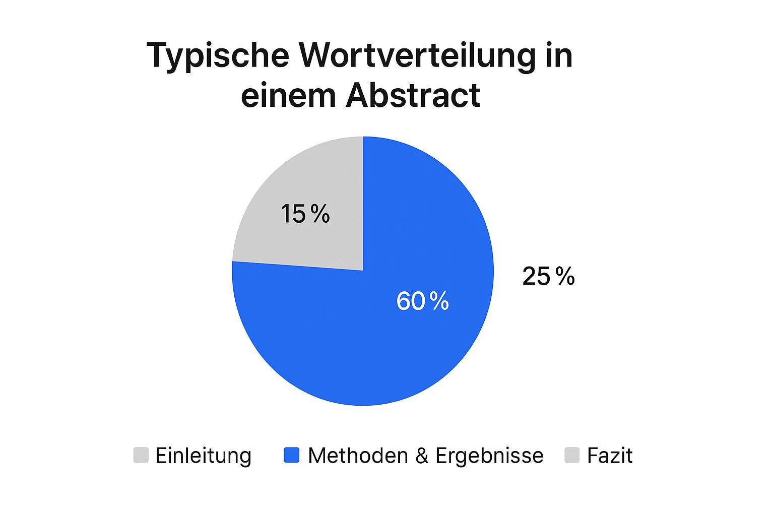 Infografik zur typischen Wortverteilung in einem wissenschaftlichen Abstract: 15 % Einleitung, 60 % Methoden & Ergebnisse, 25 % Fazit.