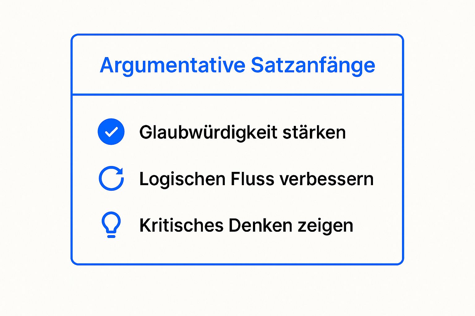 Infografik mit drei Kernvorteilen von argumentativen Satzanfängen: Glaubwürdigkeit stärken, logischen Fluss verbessern, kritisches Denken zeigen.