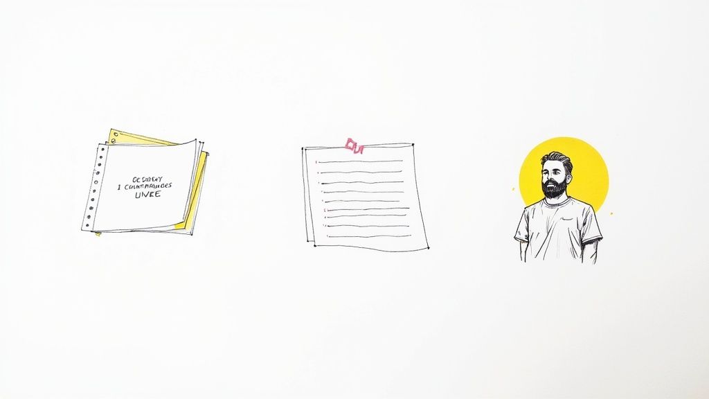 Tres ilustraciones conceptuales: documentos con texto, una lista numerada y un hombre barbudo con un fondo amarillo.