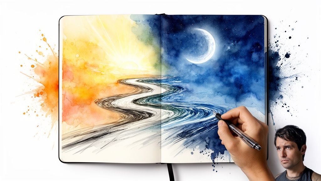 A hand painting a watercolor of a day and night landscape with a winding river in a sketchbook.