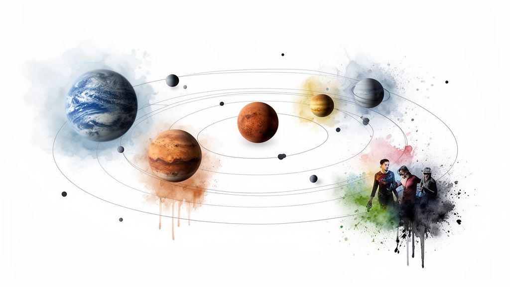 Artistic illustration depicting planets like Earth, Mars, Jupiter, and Saturn orbiting, with watercolor splashes and three men.