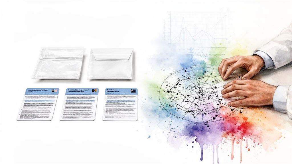 A kit with clear bags and info cards beside hands touching an astrological chart with watercolor splashes.