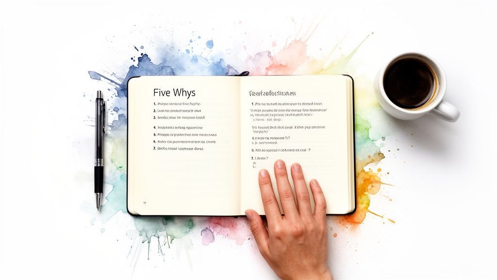 Overhead shot of an open notebook with a hand, pen, and coffee on a white desk.