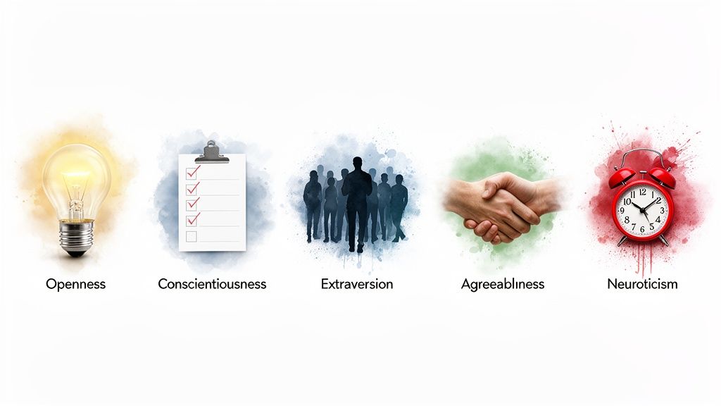 Illustrations of the Big Five personality traits: Openness, Conscientiousness, Extraversion, Agreeableness, and Neuroticism, each with a symbolic icon.