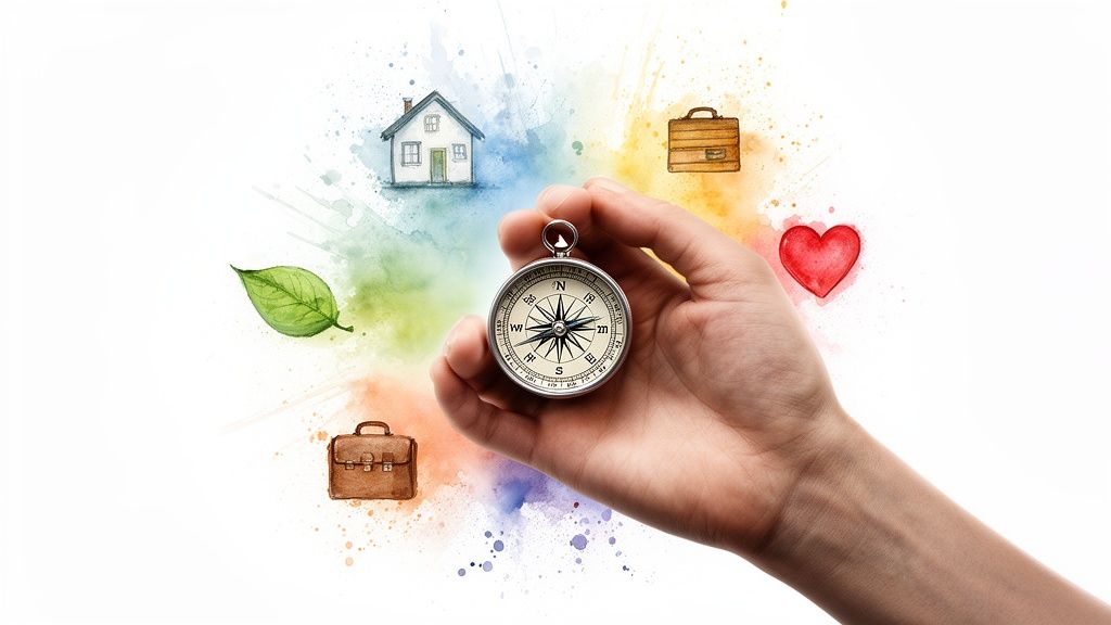 Hand holding a compass surrounded by watercolor icons of house, leaf, briefcases, and heart, symbolizing life choices.
