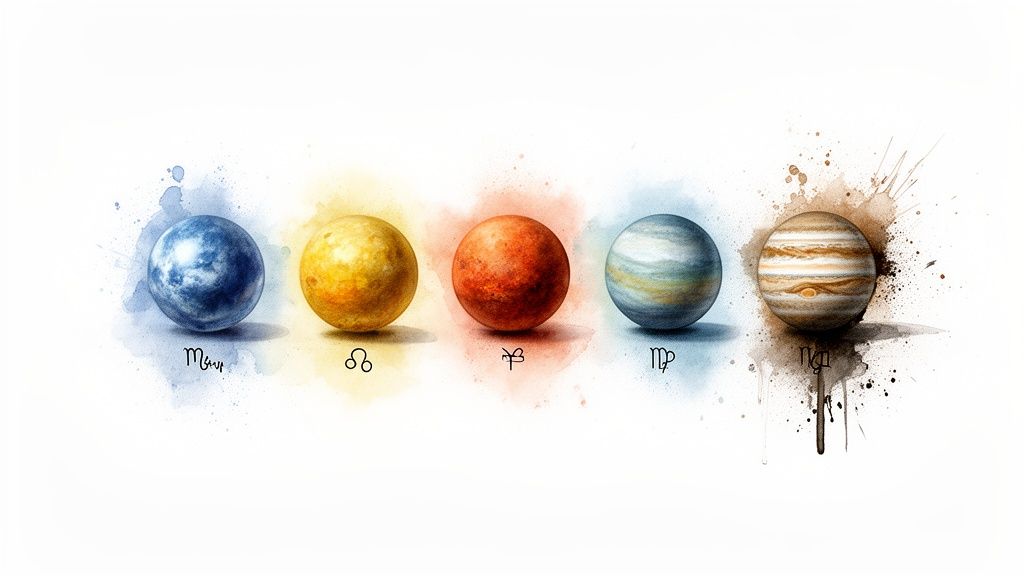 Watercolor artwork depicting five planets (Earth, Sun, Mars, Uranus, Jupiter) and their astrological symbols.