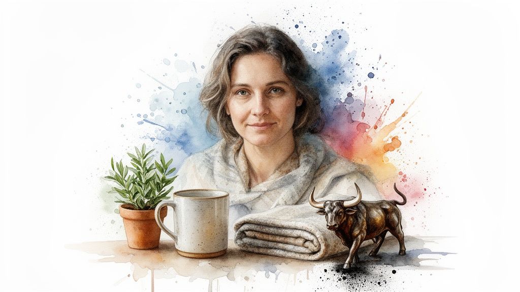 Watercolor portrait of a woman with a plant, mug, blanket, and bull figurine, representing Taurus.