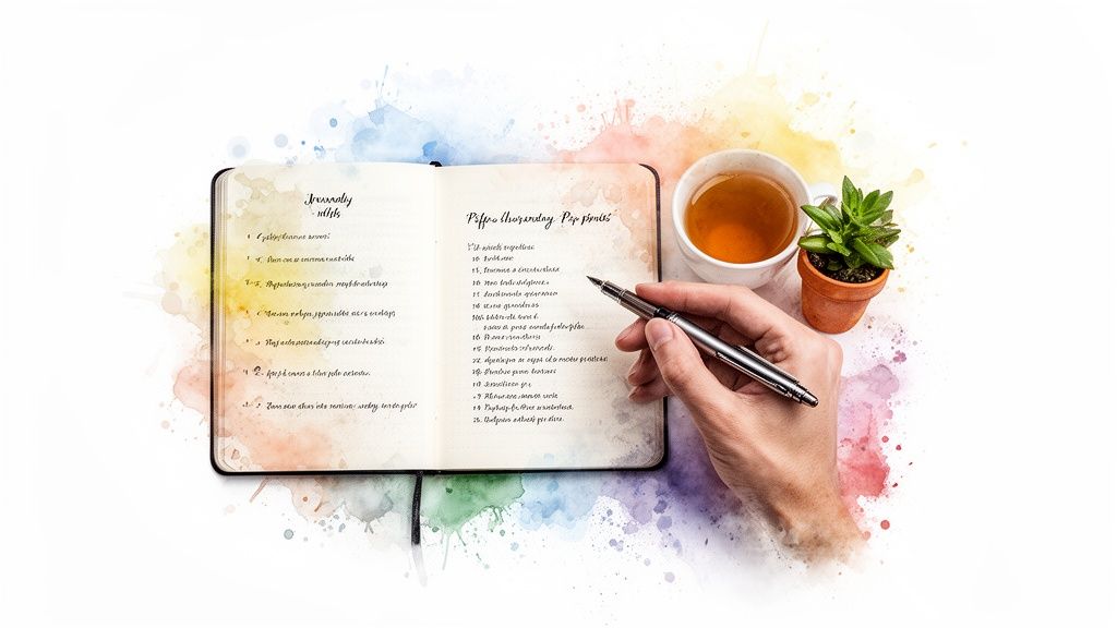 A hand writing in an open journal with a pen, next to a cup of tea and a small plant, on a vibrant watercolor background.