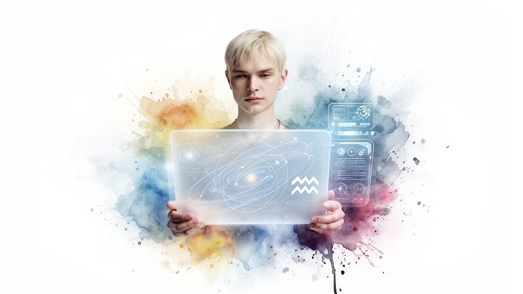 A young person holds a futuristic transparent tablet displaying celestial orbits and the Aquarius zodiac sign.