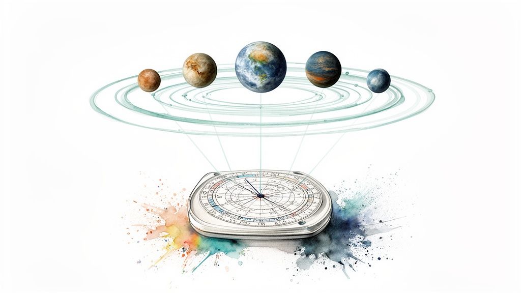 Watercolor illustration depicting five planets orbiting, connected by lines to an astrological chart below.