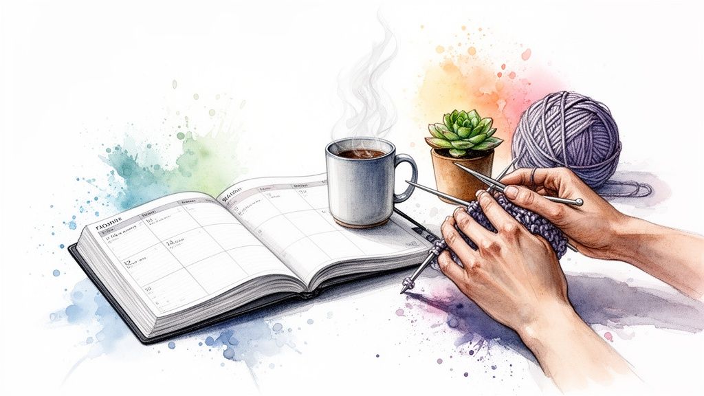 Watercolor illustration of hands knitting with yarn, steaming coffee, an open planner, and a succulent.