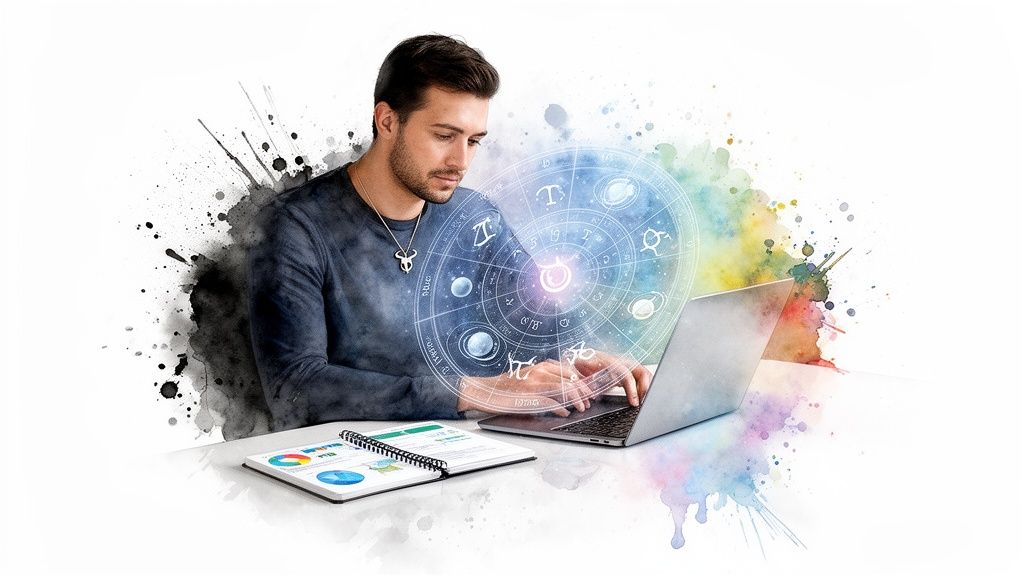 A man consults a digital astrological chart on a laptop, with an open notebook nearby and watercolor splashes.
